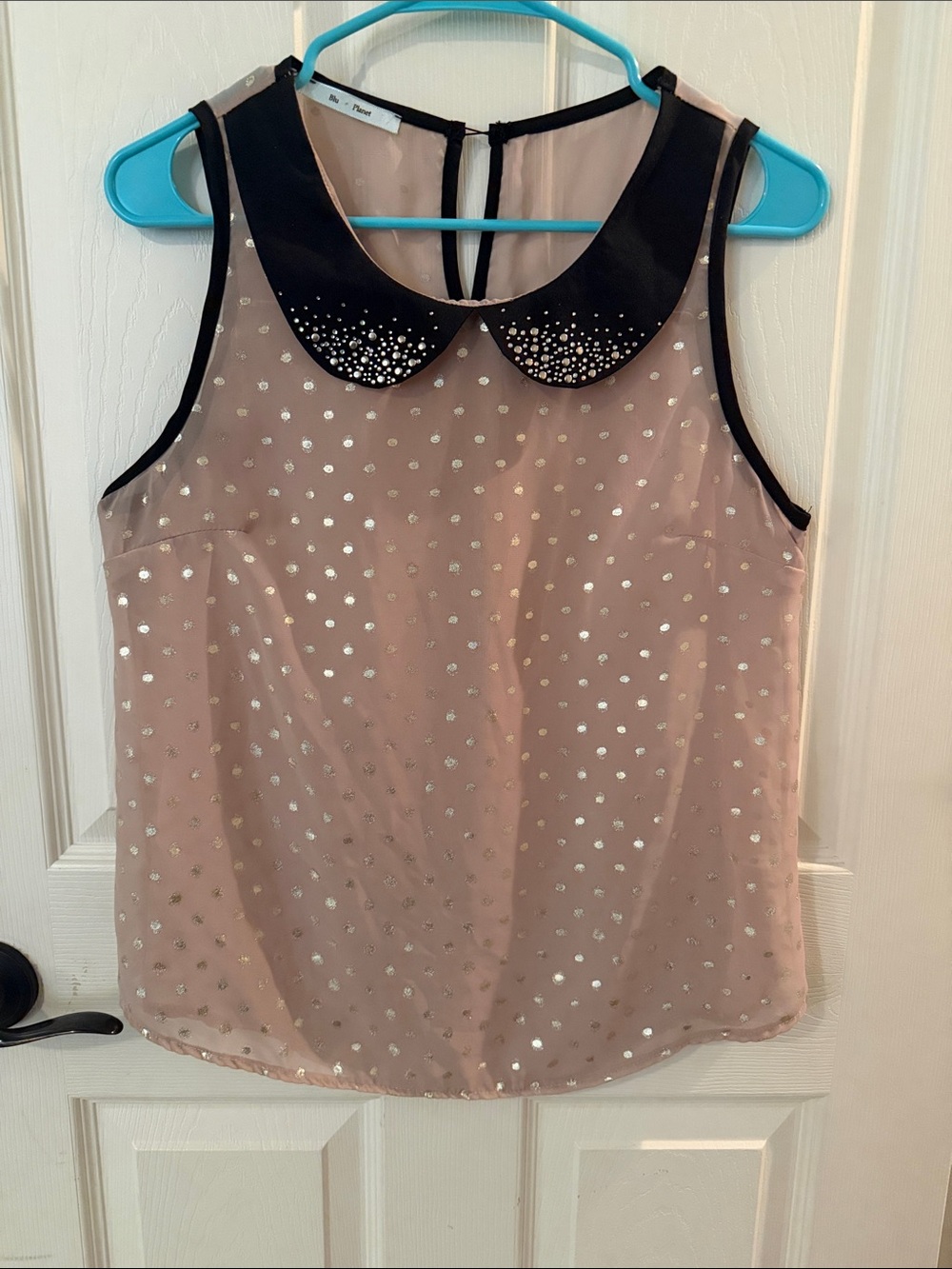 Blu Planet Blush Sleeveless Top with Black Peter Pan Collar